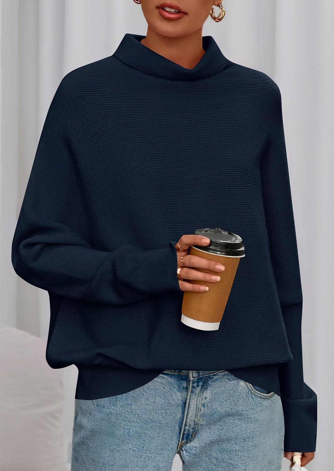 imagePRETTYGARDEN Fall Sweaters for Women 2025 Winter Clothing Batwing Long Sleeve Casual Tops Loose Knit Turtleneck SweaterNavy