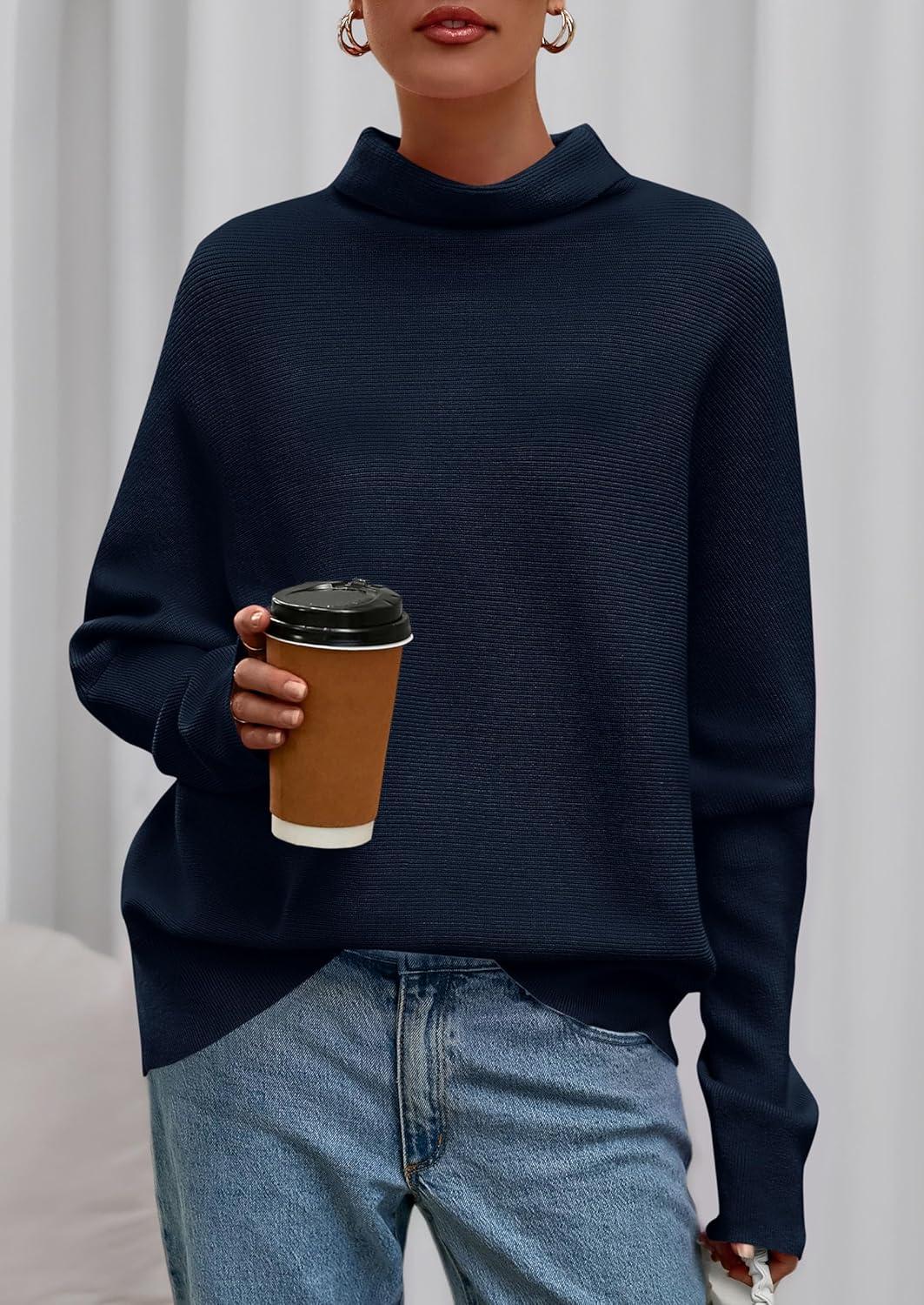 imagePRETTYGARDEN Fall Sweaters for Women 2025 Winter Clothing Batwing Long Sleeve Casual Tops Loose Knit Turtleneck SweaterNavy