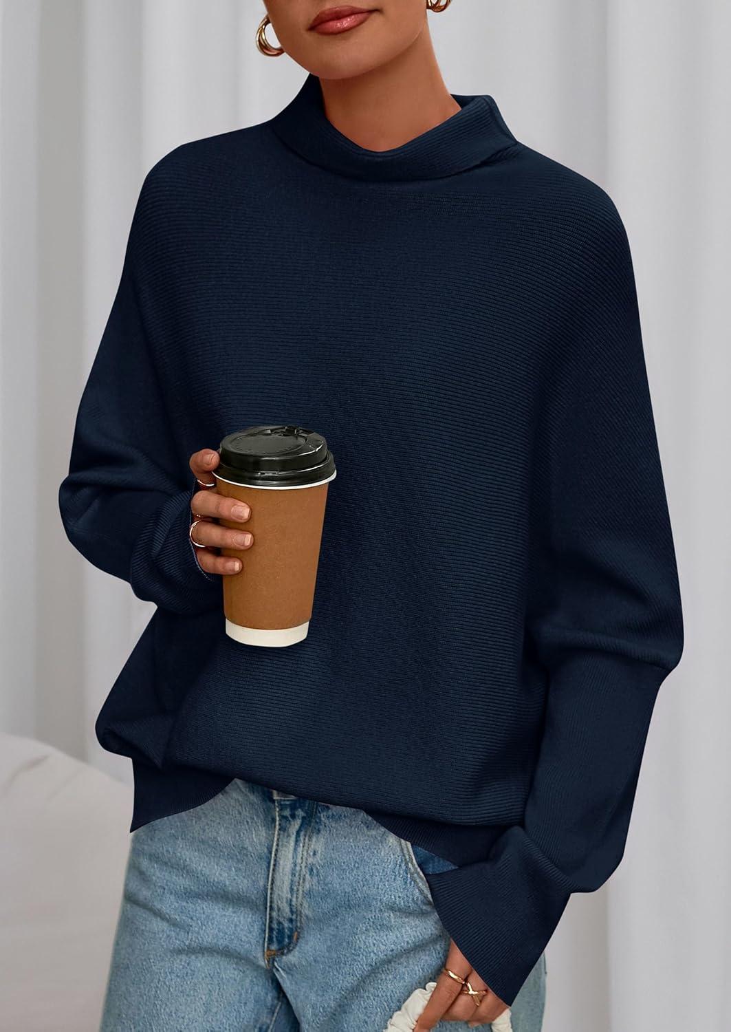 imagePRETTYGARDEN Fall Sweaters for Women 2025 Winter Clothing Batwing Long Sleeve Casual Tops Loose Knit Turtleneck SweaterNavy