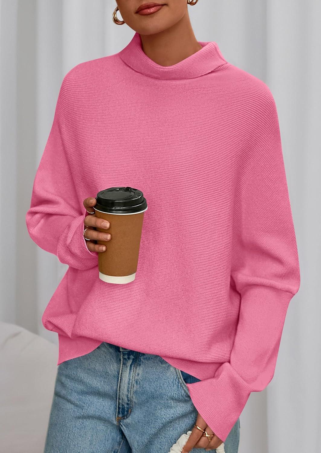 imagePRETTYGARDEN Fall Sweaters for Women 2025 Winter Clothing Batwing Long Sleeve Casual Tops Loose Knit Turtleneck SweaterPink