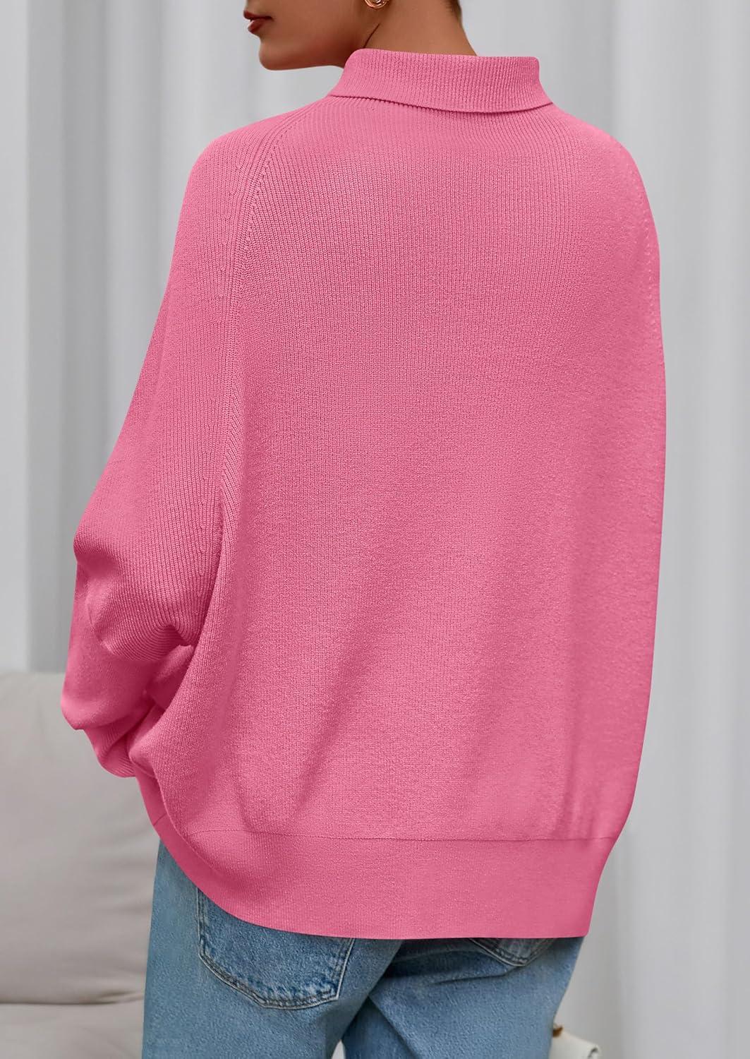 imagePRETTYGARDEN Fall Sweaters for Women 2025 Winter Clothing Batwing Long Sleeve Casual Tops Loose Knit Turtleneck SweaterPink