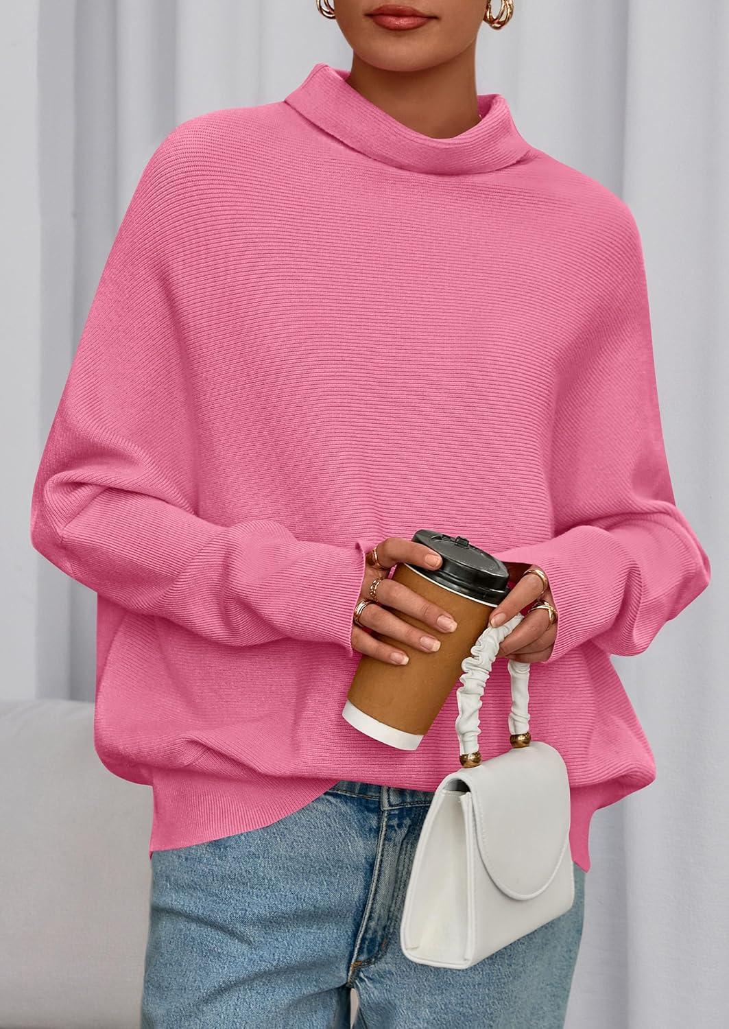 imagePRETTYGARDEN Fall Sweaters for Women 2025 Winter Clothing Batwing Long Sleeve Casual Tops Loose Knit Turtleneck SweaterPink