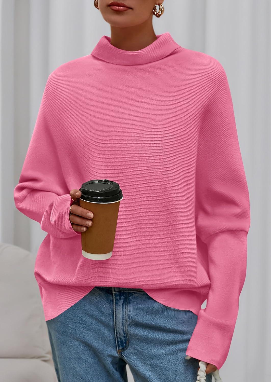 imagePRETTYGARDEN Fall Sweaters for Women 2025 Winter Clothing Batwing Long Sleeve Casual Tops Loose Knit Turtleneck SweaterPink