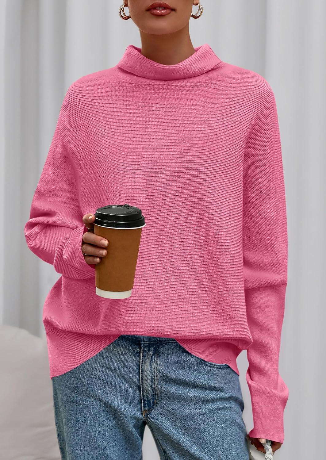 imagePRETTYGARDEN Fall Sweaters for Women 2025 Winter Clothing Batwing Long Sleeve Casual Tops Loose Knit Turtleneck SweaterPink