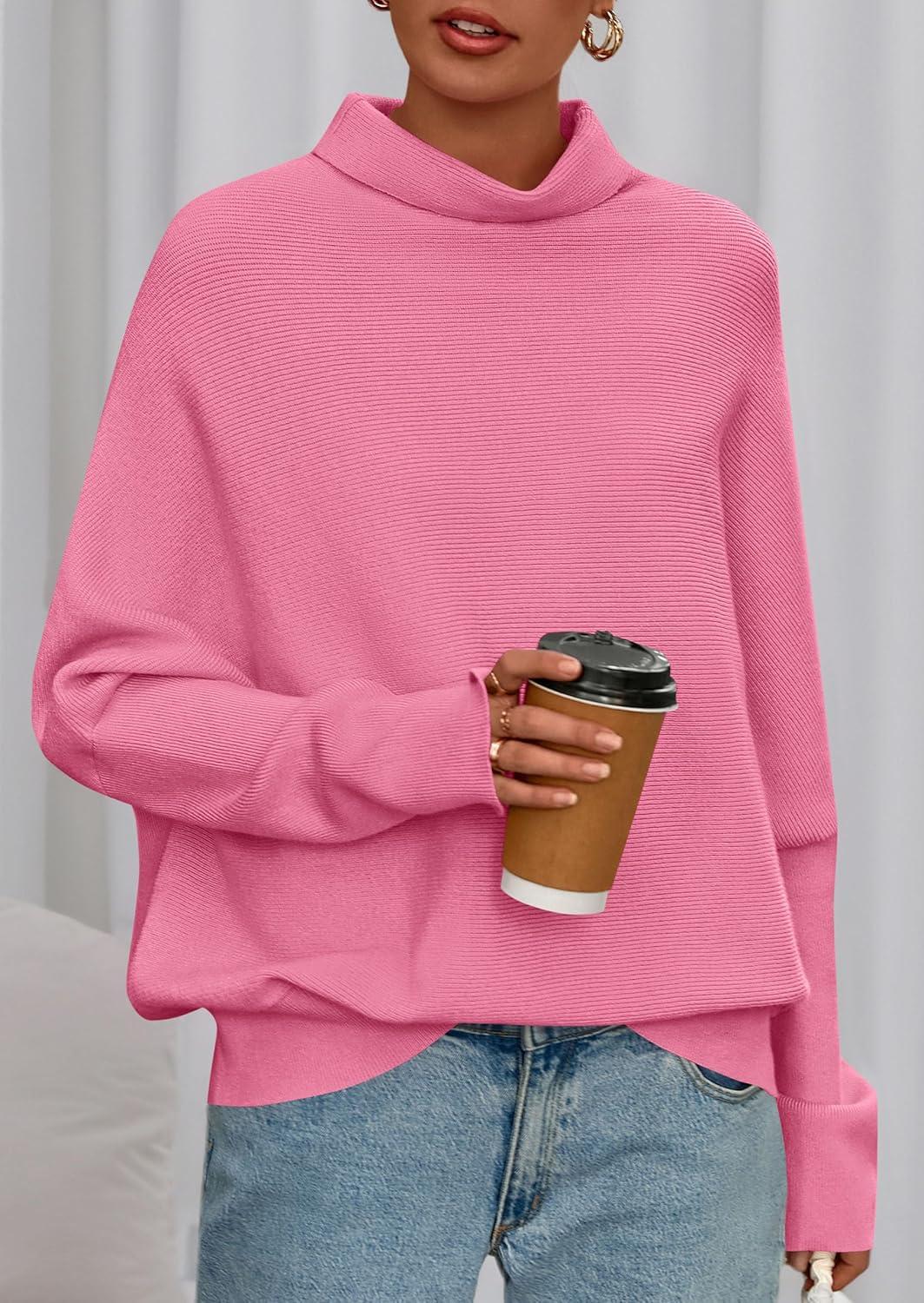 imagePRETTYGARDEN Fall Sweaters for Women 2025 Winter Clothing Batwing Long Sleeve Casual Tops Loose Knit Turtleneck SweaterPink