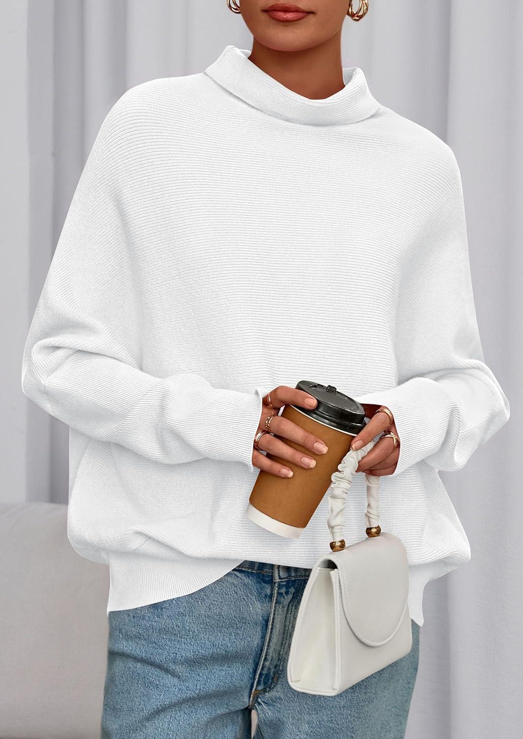 imagePRETTYGARDEN Fall Sweaters for Women 2025 Winter Clothing Batwing Long Sleeve Casual Tops Loose Knit Turtleneck SweaterWhite