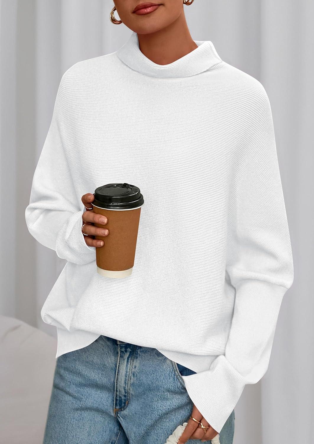 imagePRETTYGARDEN Fall Sweaters for Women 2025 Winter Clothing Batwing Long Sleeve Casual Tops Loose Knit Turtleneck SweaterWhite