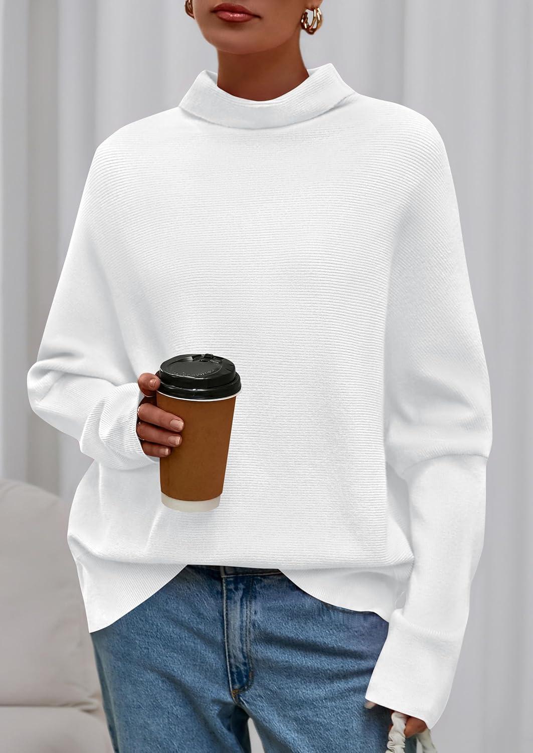 imagePRETTYGARDEN Fall Sweaters for Women 2025 Winter Clothing Batwing Long Sleeve Casual Tops Loose Knit Turtleneck SweaterWhite