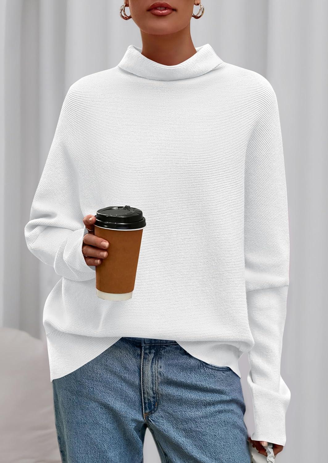 imagePRETTYGARDEN Fall Sweaters for Women 2025 Winter Clothing Batwing Long Sleeve Casual Tops Loose Knit Turtleneck SweaterWhite