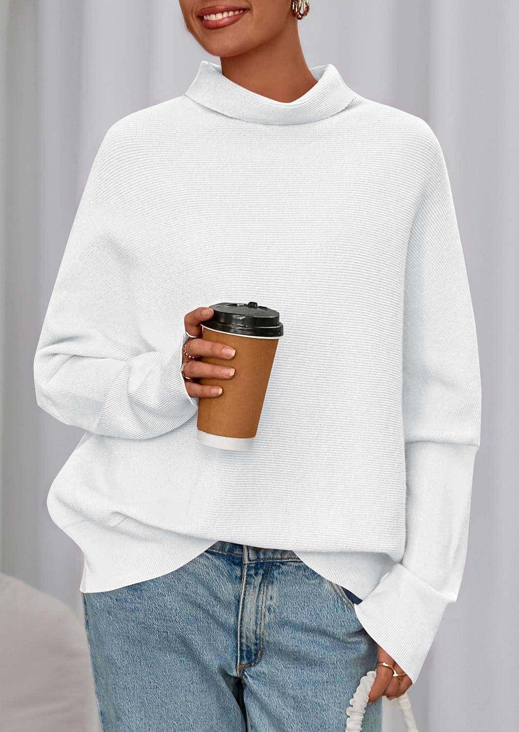 imagePRETTYGARDEN Fall Sweaters for Women 2025 Winter Clothing Batwing Long Sleeve Casual Tops Loose Knit Turtleneck SweaterWhite