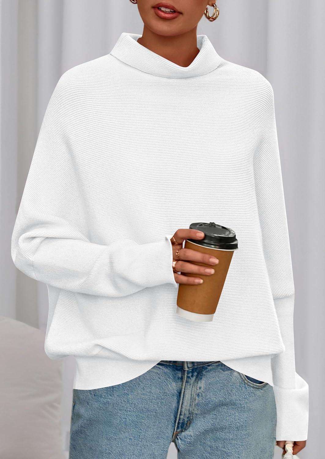 imagePRETTYGARDEN Fall Sweaters for Women 2025 Winter Clothing Batwing Long Sleeve Casual Tops Loose Knit Turtleneck SweaterWhite