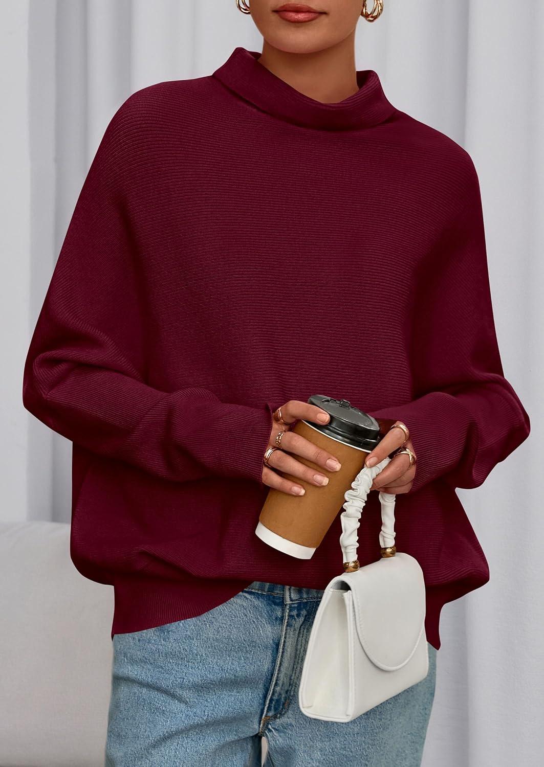 imagePRETTYGARDEN Fall Sweaters for Women 2025 Winter Clothing Batwing Long Sleeve Casual Tops Loose Knit Turtleneck SweaterWine Red