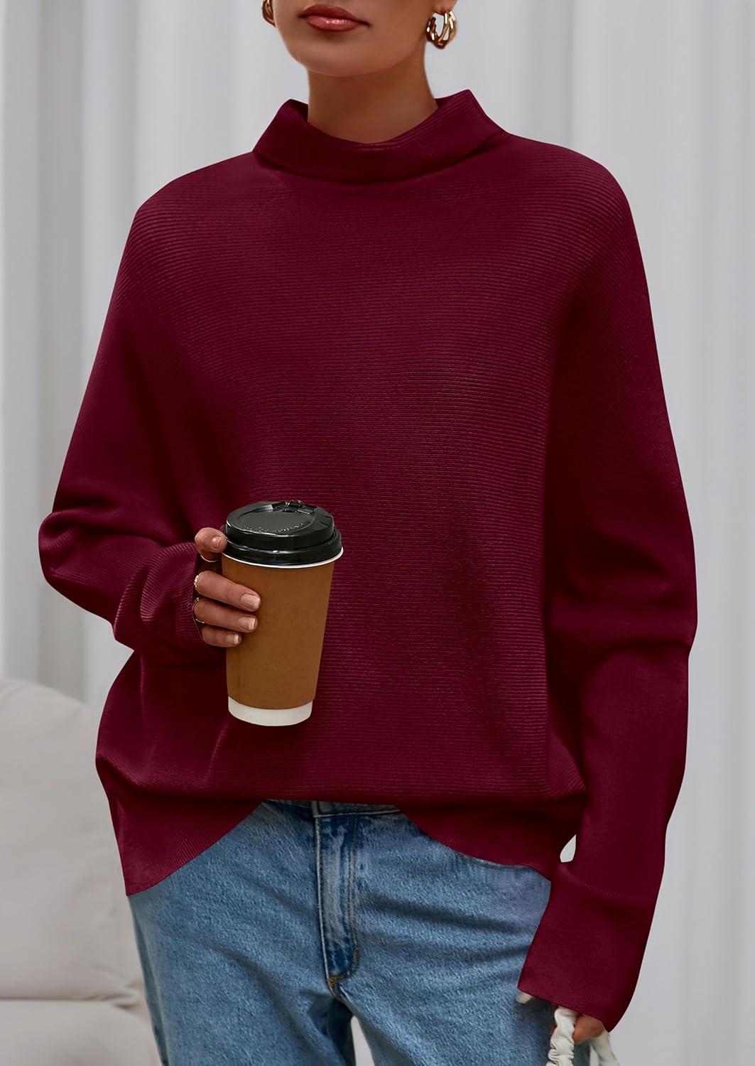 imagePRETTYGARDEN Fall Sweaters for Women 2025 Winter Clothing Batwing Long Sleeve Casual Tops Loose Knit Turtleneck SweaterWine Red