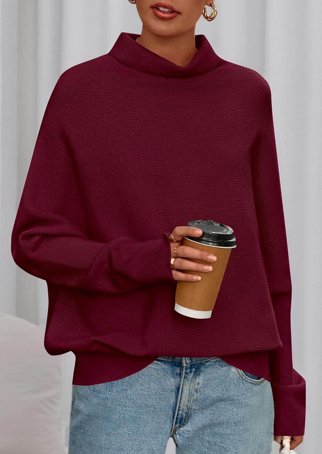 imagePRETTYGARDEN Fall Sweaters for Women 2025 Winter Clothing Batwing Long Sleeve Casual Tops Loose Knit Turtleneck SweaterWine Red