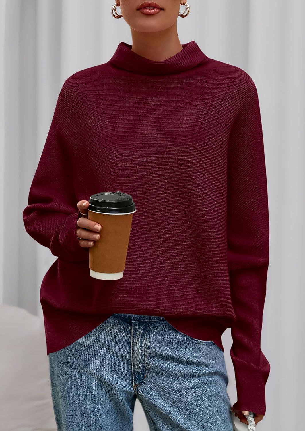 imagePRETTYGARDEN Fall Sweaters for Women 2025 Winter Clothing Batwing Long Sleeve Casual Tops Loose Knit Turtleneck SweaterWine Red