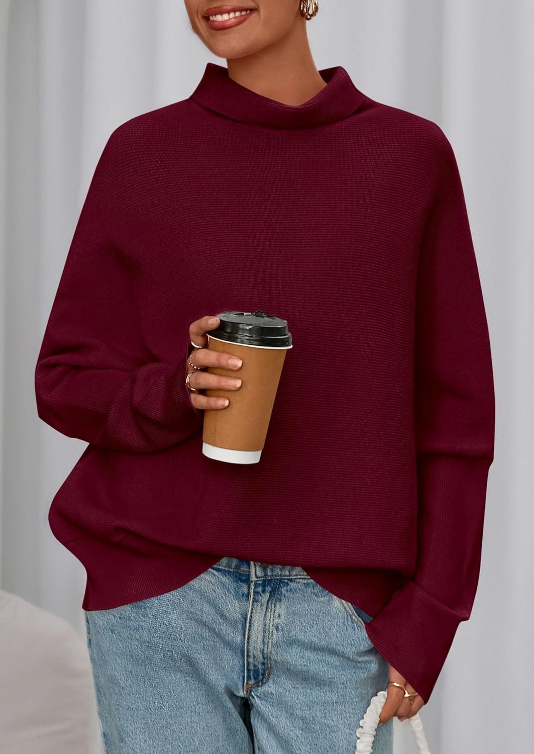 imagePRETTYGARDEN Fall Sweaters for Women 2025 Winter Clothing Batwing Long Sleeve Casual Tops Loose Knit Turtleneck SweaterWine Red