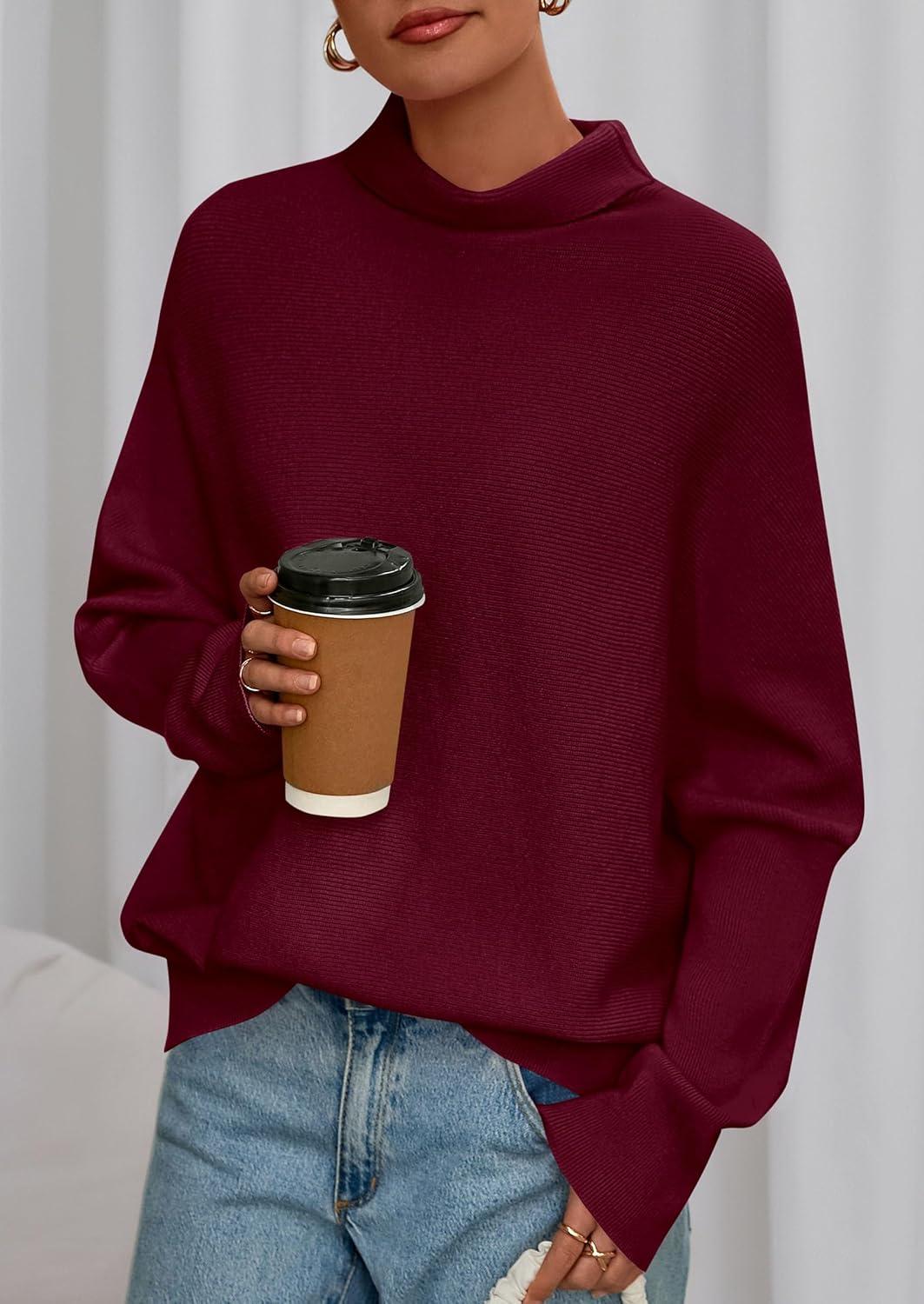 imagePRETTYGARDEN Fall Sweaters for Women 2025 Winter Clothing Batwing Long Sleeve Casual Tops Loose Knit Turtleneck SweaterWine Red