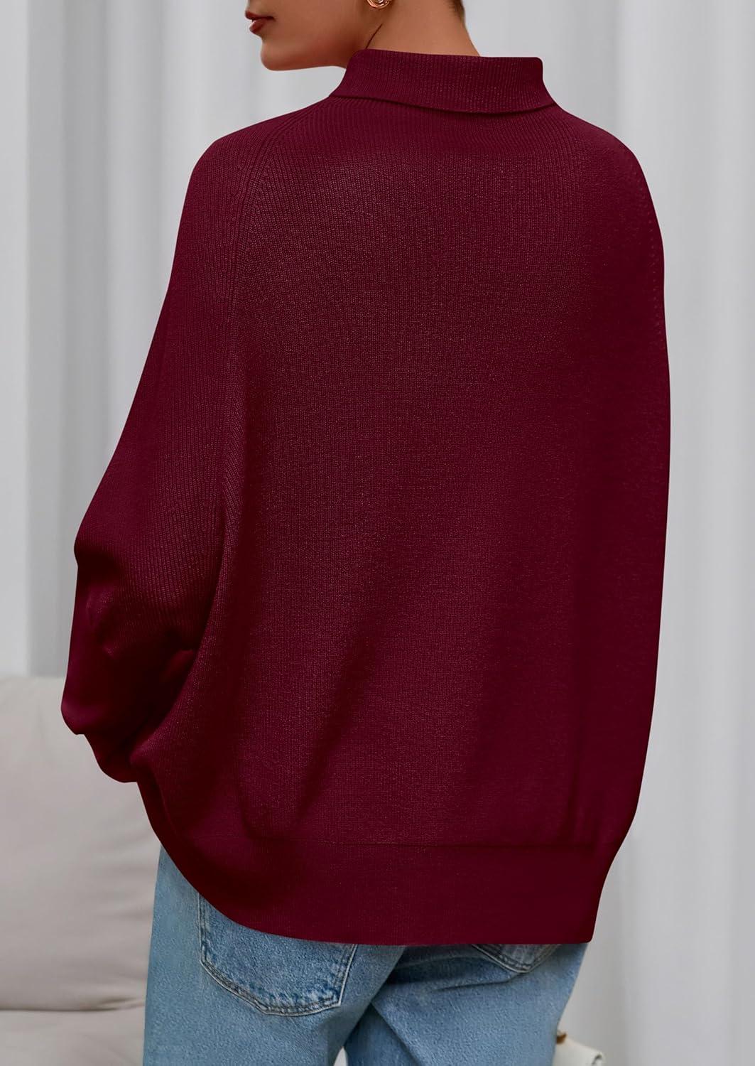 imagePRETTYGARDEN Fall Sweaters for Women 2025 Winter Clothing Batwing Long Sleeve Casual Tops Loose Knit Turtleneck SweaterWine Red