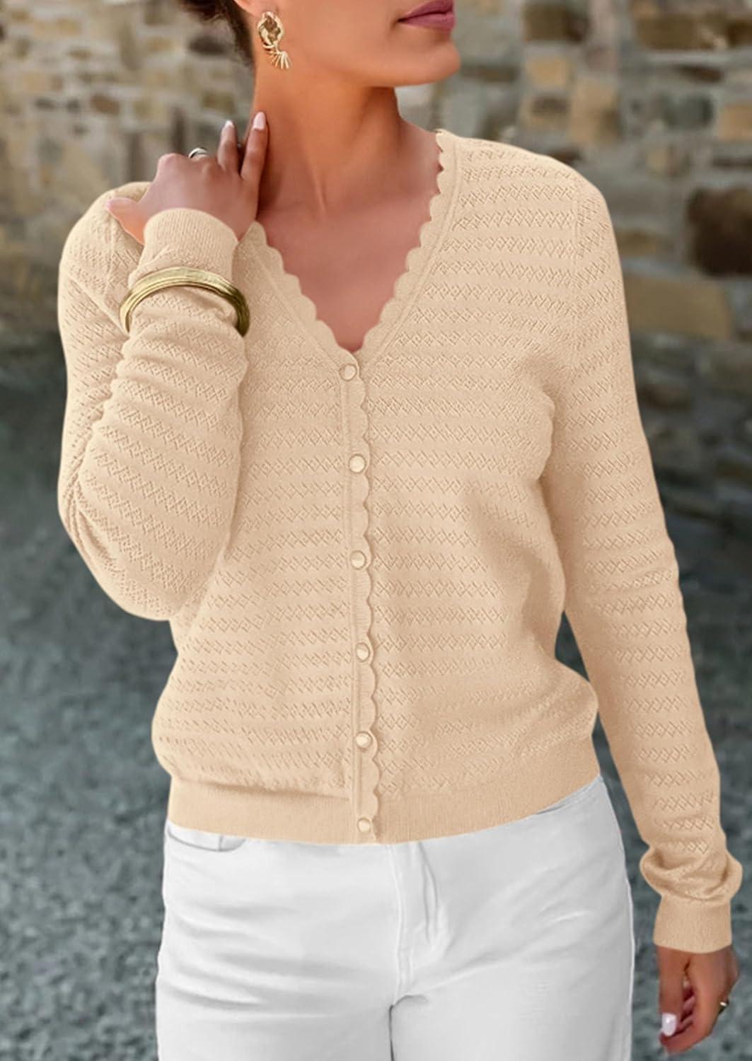 imagePRETTYGARDEN Lightweight Cardigans for Women Trendy 2025 Cozy Fall Fashion Long Sleeve Button V Neck Soft Knit Sweater TopsApricot