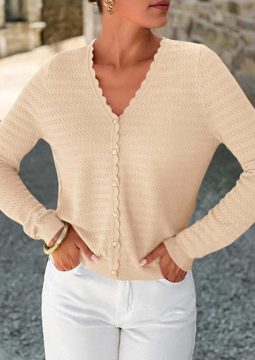 imagePRETTYGARDEN Lightweight Cardigans for Women Trendy 2025 Cozy Fall Fashion Long Sleeve Button V Neck Soft Knit Sweater TopsApricot