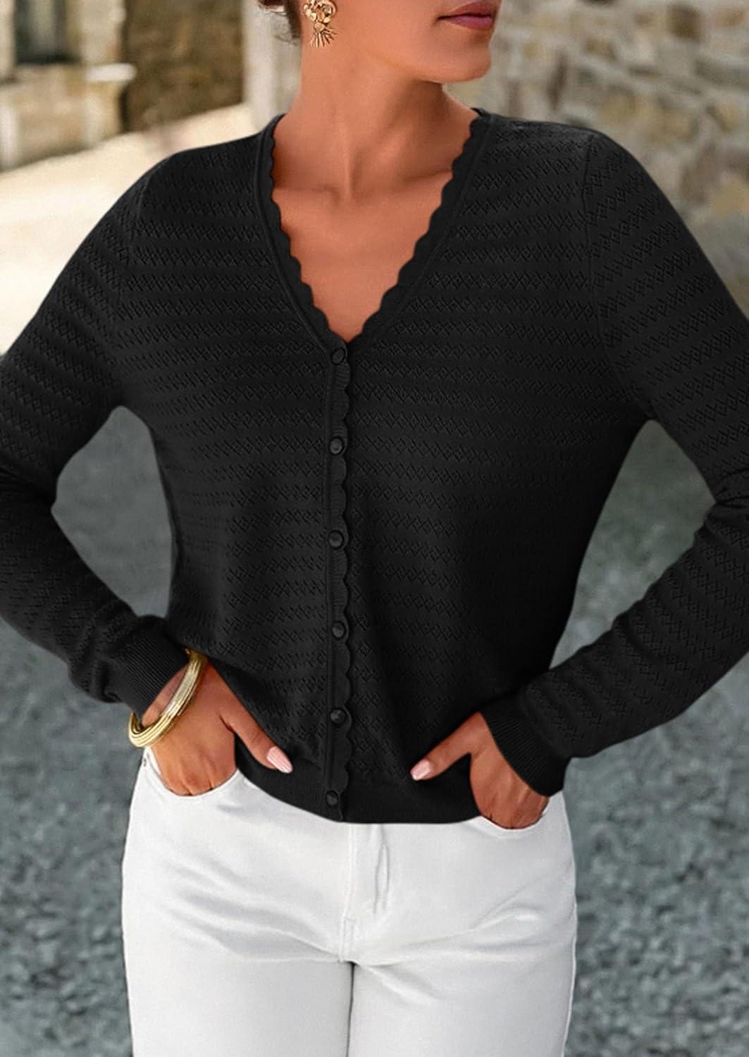 imagePRETTYGARDEN Lightweight Cardigans for Women Trendy 2025 Cozy Fall Fashion Long Sleeve Button V Neck Soft Knit Sweater TopsBlack