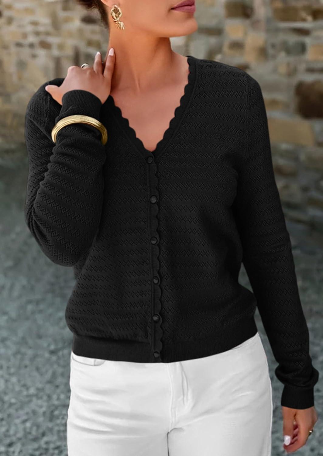 imagePRETTYGARDEN Lightweight Cardigans for Women Trendy 2025 Cozy Fall Fashion Long Sleeve Button V Neck Soft Knit Sweater TopsBlack