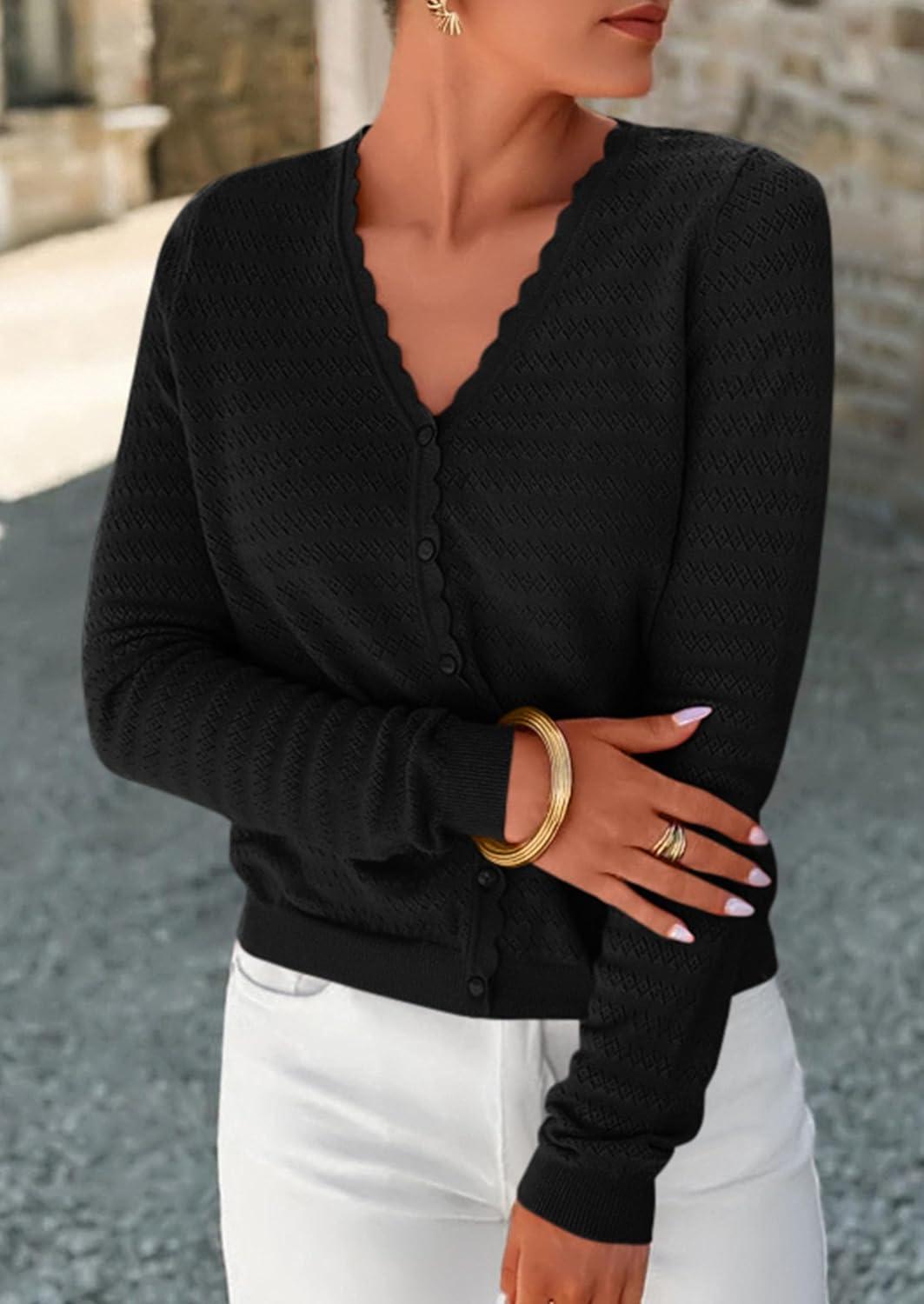 imagePRETTYGARDEN Lightweight Cardigans for Women Trendy 2025 Cozy Fall Fashion Long Sleeve Button V Neck Soft Knit Sweater TopsBlack