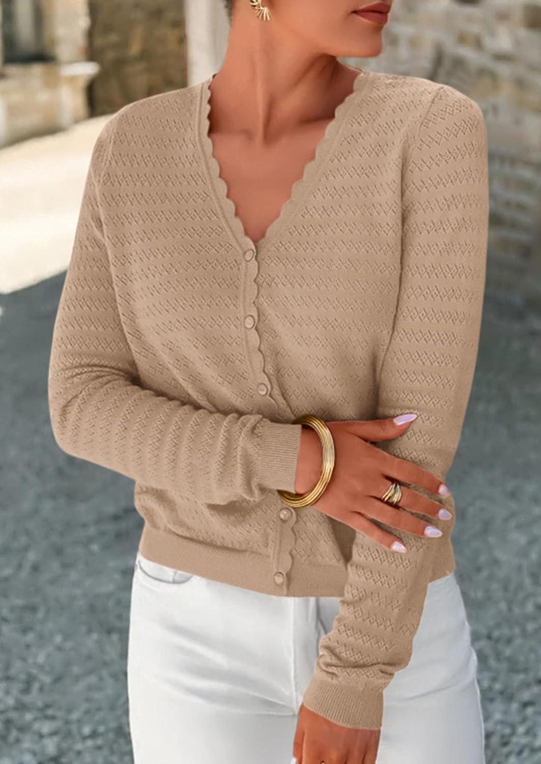 imagePRETTYGARDEN Lightweight Cardigans for Women Trendy 2025 Cozy Fall Fashion Long Sleeve Button V Neck Soft Knit Sweater TopsKhaki