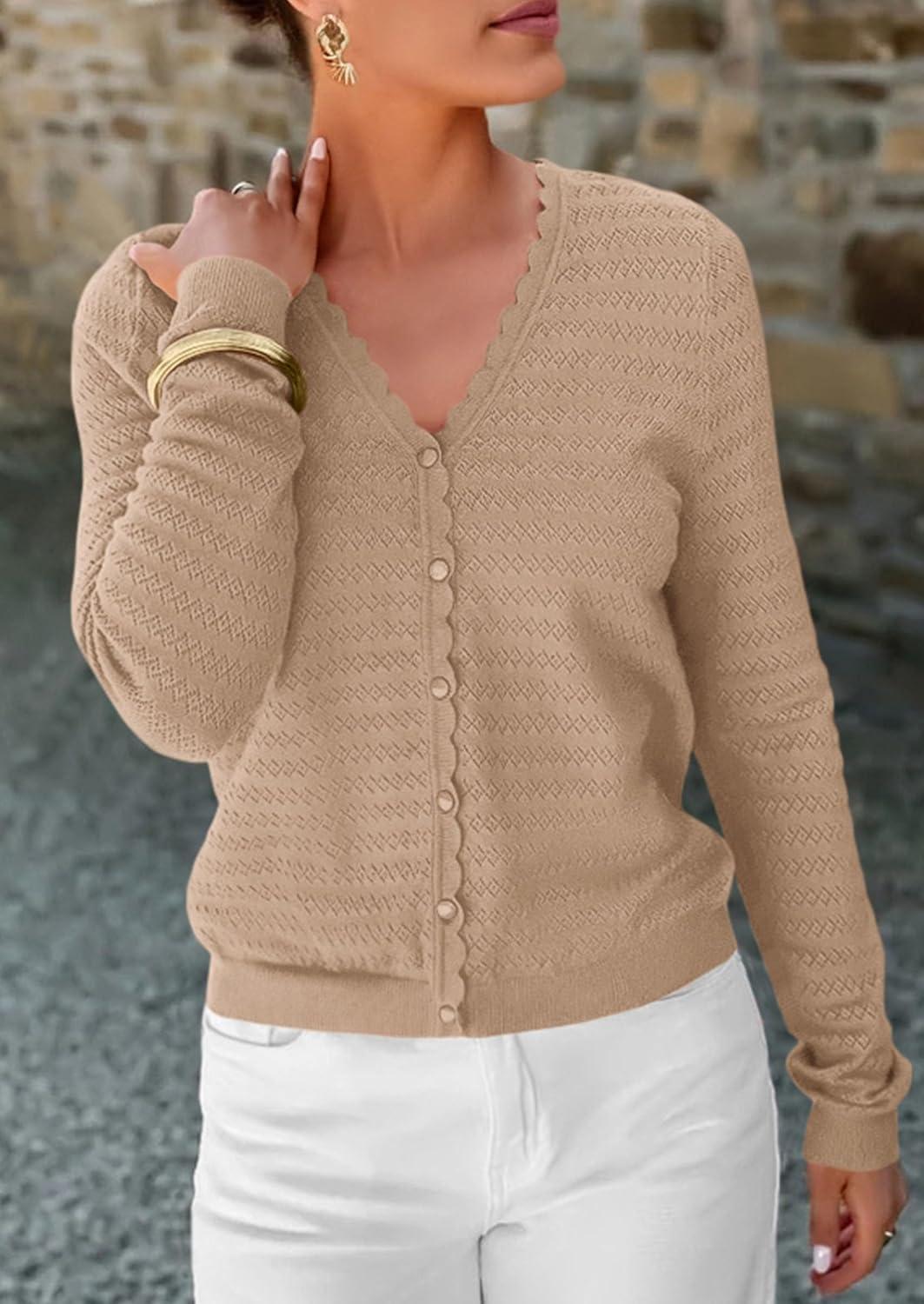 imagePRETTYGARDEN Lightweight Cardigans for Women Trendy 2025 Cozy Fall Fashion Long Sleeve Button V Neck Soft Knit Sweater TopsKhaki