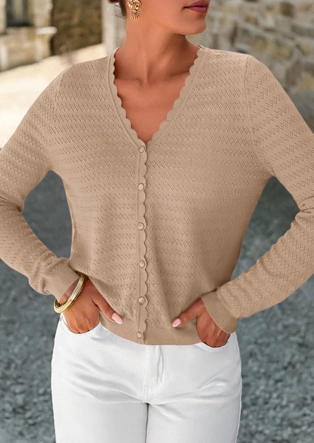 imagePRETTYGARDEN Lightweight Cardigans for Women Trendy 2025 Cozy Fall Fashion Long Sleeve Button V Neck Soft Knit Sweater TopsKhaki