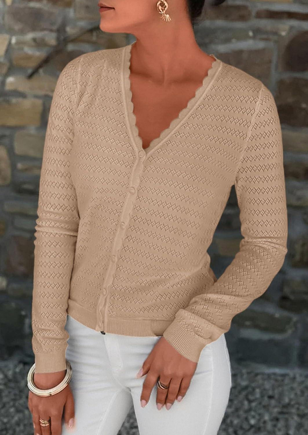 imagePRETTYGARDEN Lightweight Cardigans for Women Trendy 2025 Cozy Fall Fashion Long Sleeve Button V Neck Soft Knit Sweater TopsKhaki