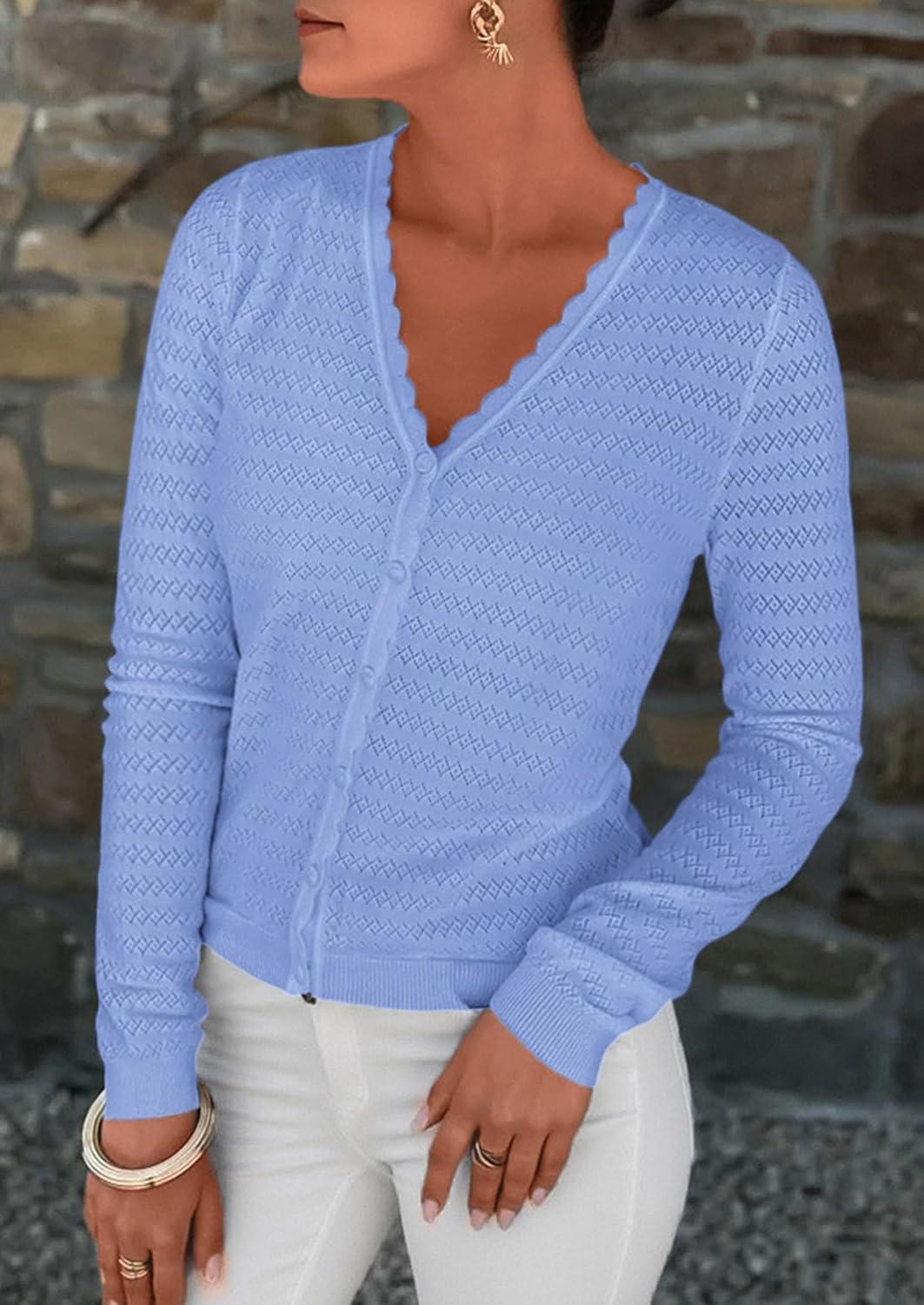 imagePRETTYGARDEN Lightweight Cardigans for Women Trendy 2025 Cozy Fall Fashion Long Sleeve Button V Neck Soft Knit Sweater TopsLight Blue