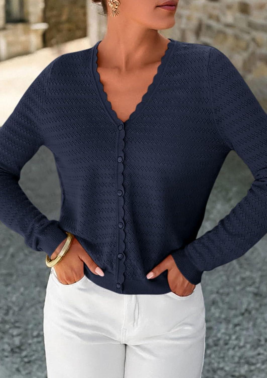 imagePRETTYGARDEN Lightweight Cardigans for Women Trendy 2025 Cozy Fall Fashion Long Sleeve Button V Neck Soft Knit Sweater TopsNavy Blue