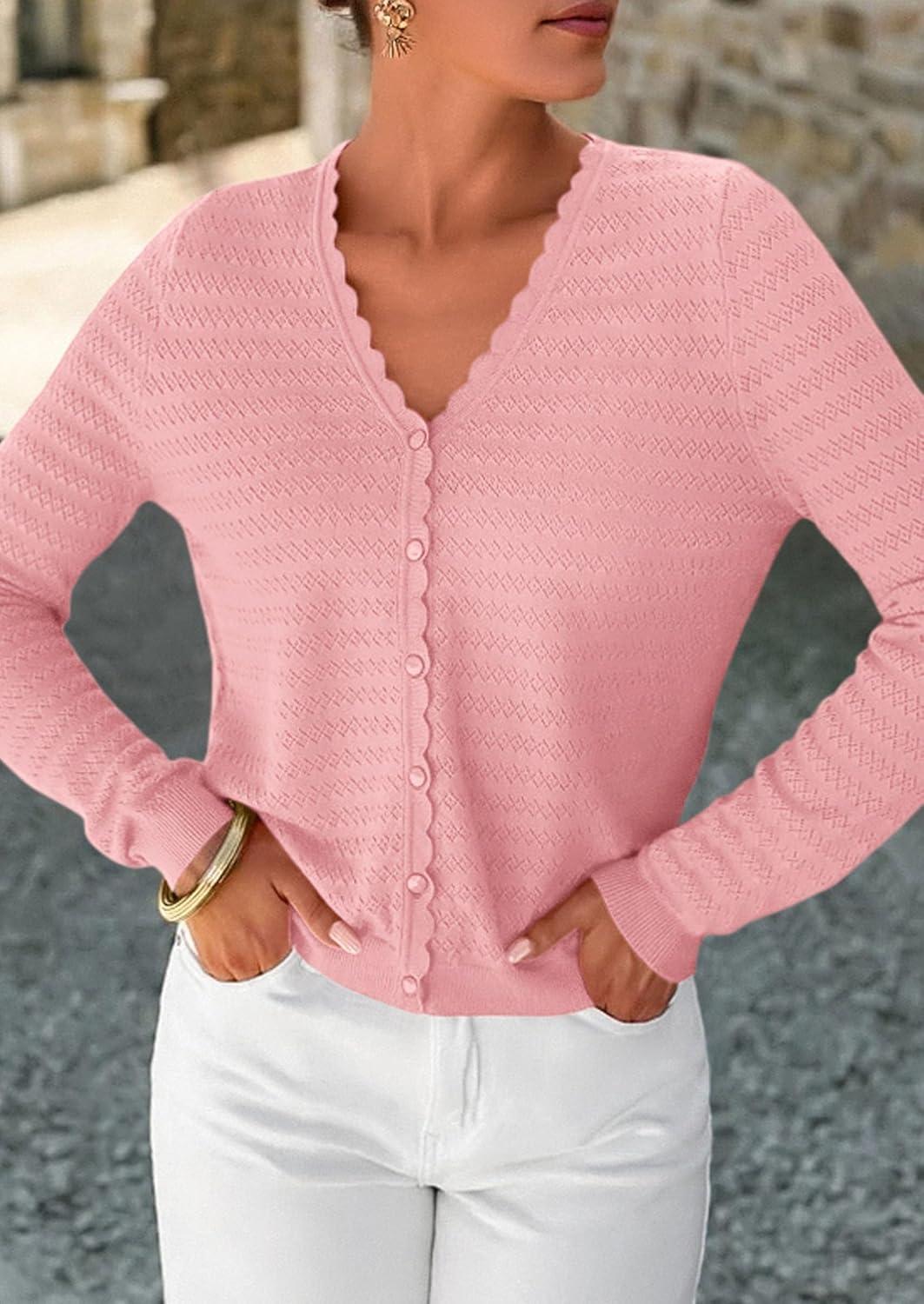 imagePRETTYGARDEN Lightweight Cardigans for Women Trendy 2025 Cozy Fall Fashion Long Sleeve Button V Neck Soft Knit Sweater TopsPink