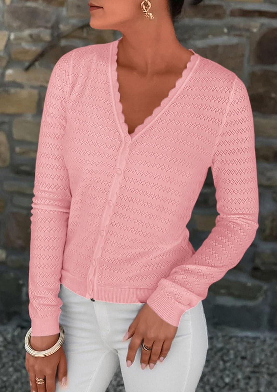 imagePRETTYGARDEN Lightweight Cardigans for Women Trendy 2025 Cozy Fall Fashion Long Sleeve Button V Neck Soft Knit Sweater TopsPink