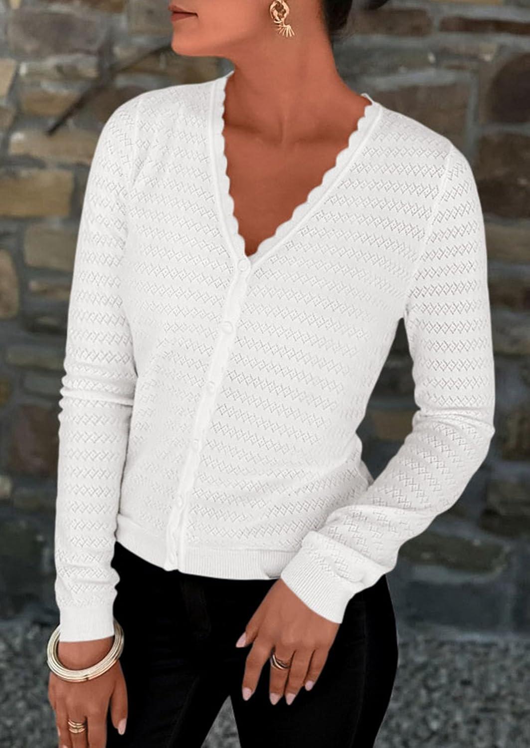 imagePRETTYGARDEN Lightweight Cardigans for Women Trendy 2025 Cozy Fall Fashion Long Sleeve Button V Neck Soft Knit Sweater TopsWhite