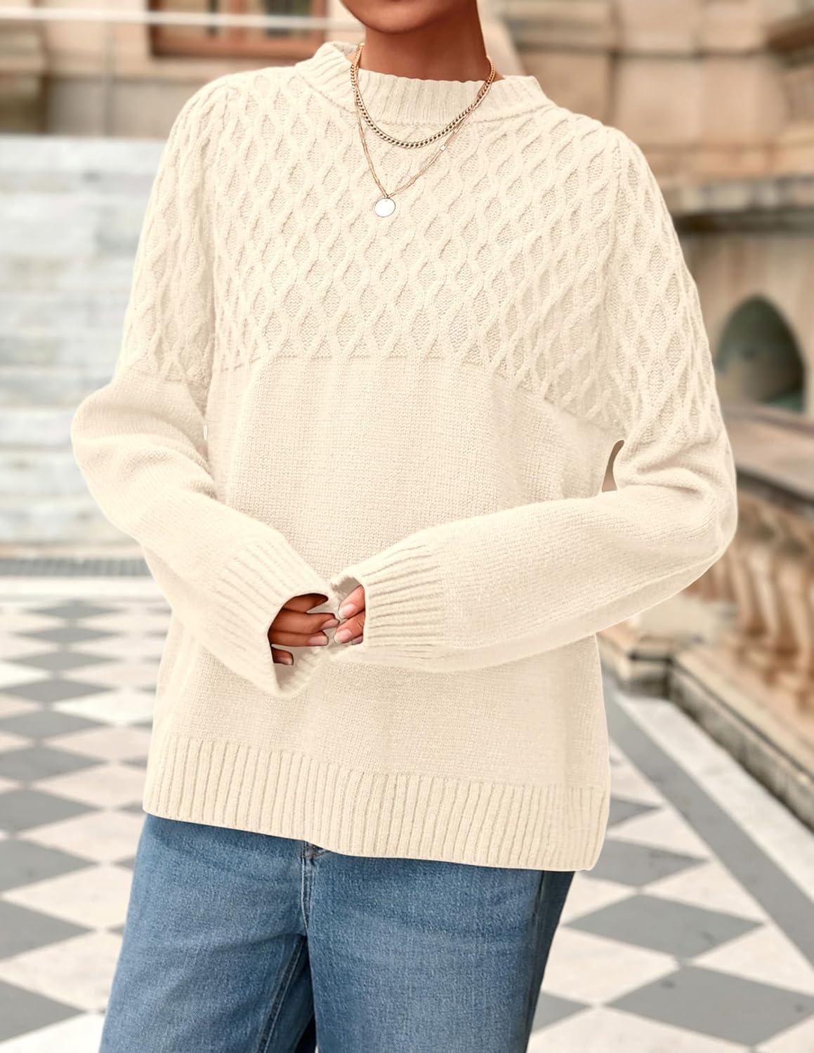 imagePRETTYGARDEN Oversized Sweaters for Women 2025 Fall Cute Cable Knit Long Sleeve Crewneck Chunky Pullover Tops Winter ClothingBeige