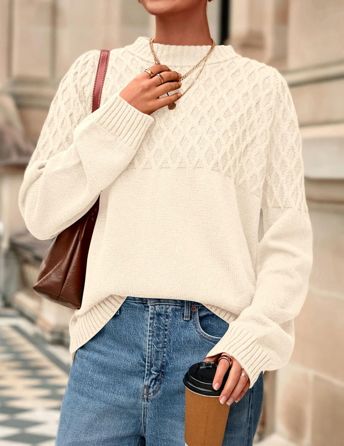 imagePRETTYGARDEN Oversized Sweaters for Women 2025 Fall Cute Cable Knit Long Sleeve Crewneck Chunky Pullover Tops Winter ClothingBeige