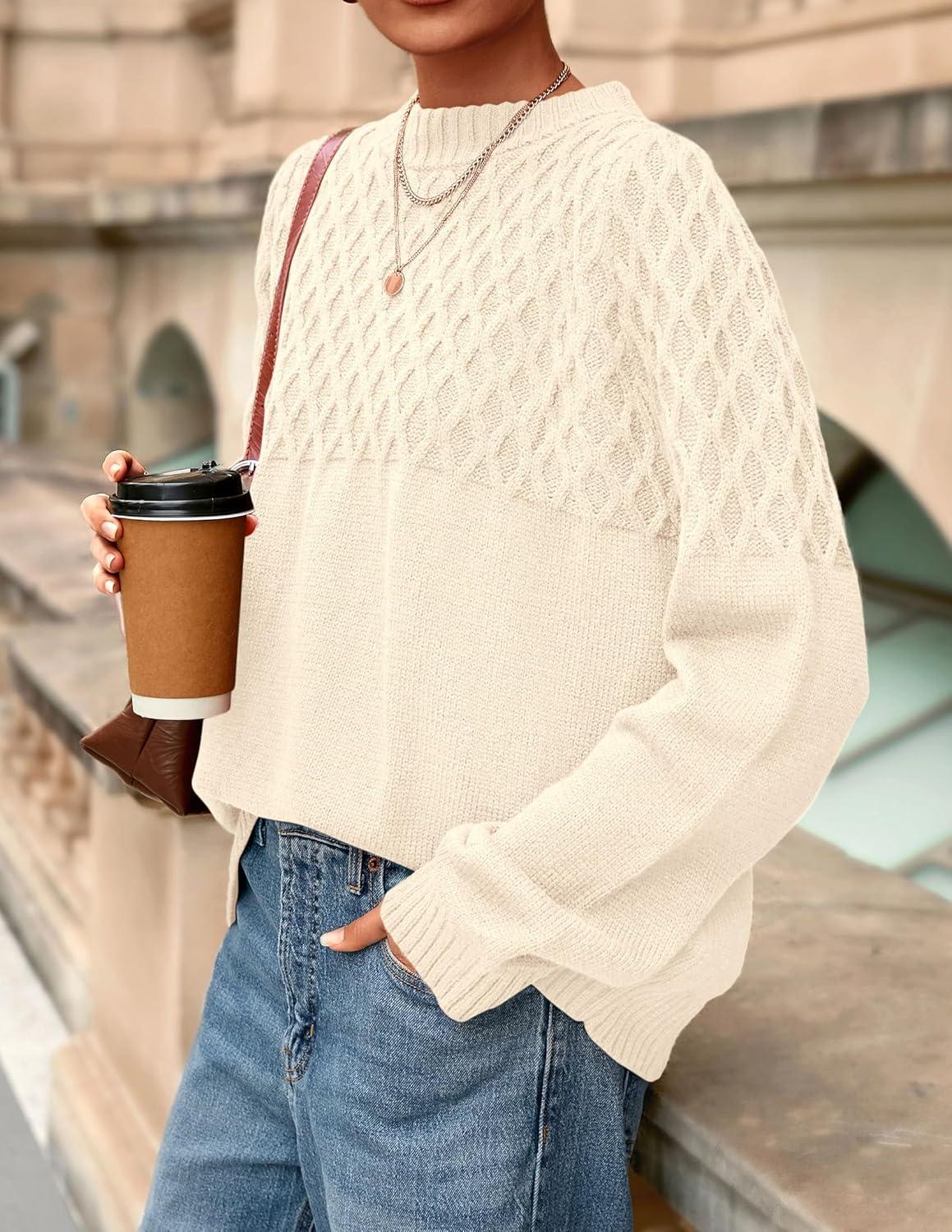 imagePRETTYGARDEN Oversized Sweaters for Women 2025 Fall Cute Cable Knit Long Sleeve Crewneck Chunky Pullover Tops Winter ClothingBeige