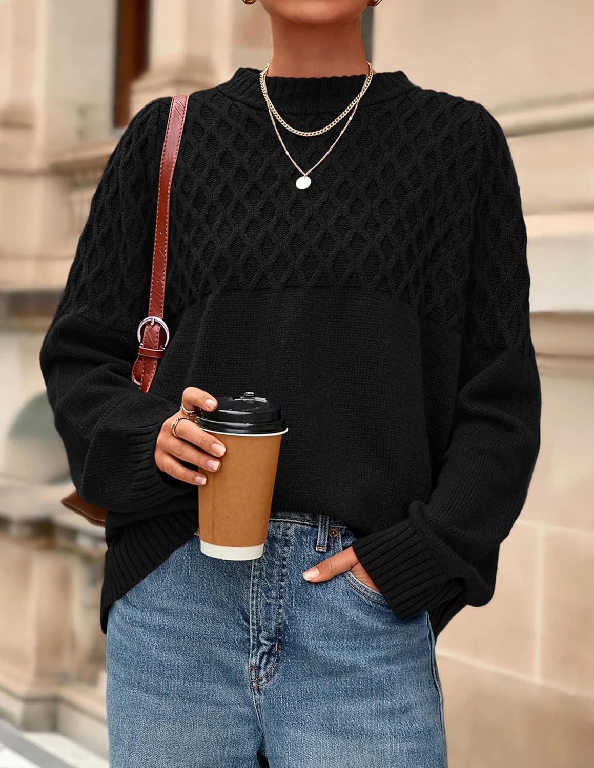 imagePRETTYGARDEN Oversized Sweaters for Women 2025 Fall Cute Cable Knit Long Sleeve Crewneck Chunky Pullover Tops Winter ClothingBlack