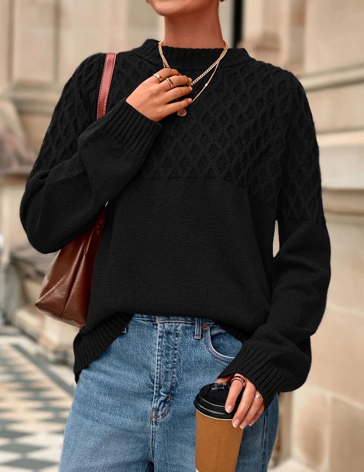 imagePRETTYGARDEN Oversized Sweaters for Women 2025 Fall Cute Cable Knit Long Sleeve Crewneck Chunky Pullover Tops Winter ClothingBlack