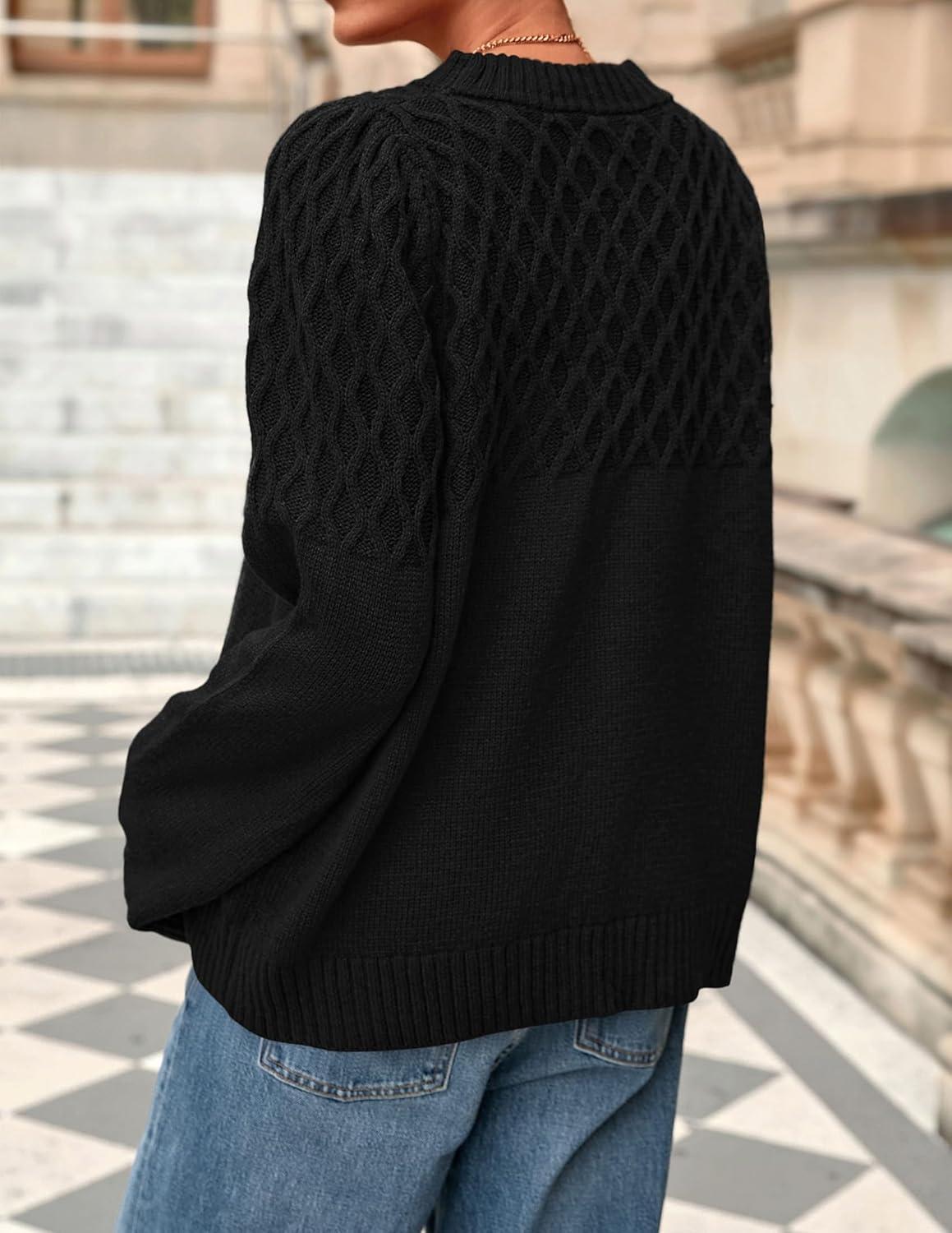 imagePRETTYGARDEN Oversized Sweaters for Women 2025 Fall Cute Cable Knit Long Sleeve Crewneck Chunky Pullover Tops Winter ClothingBlack