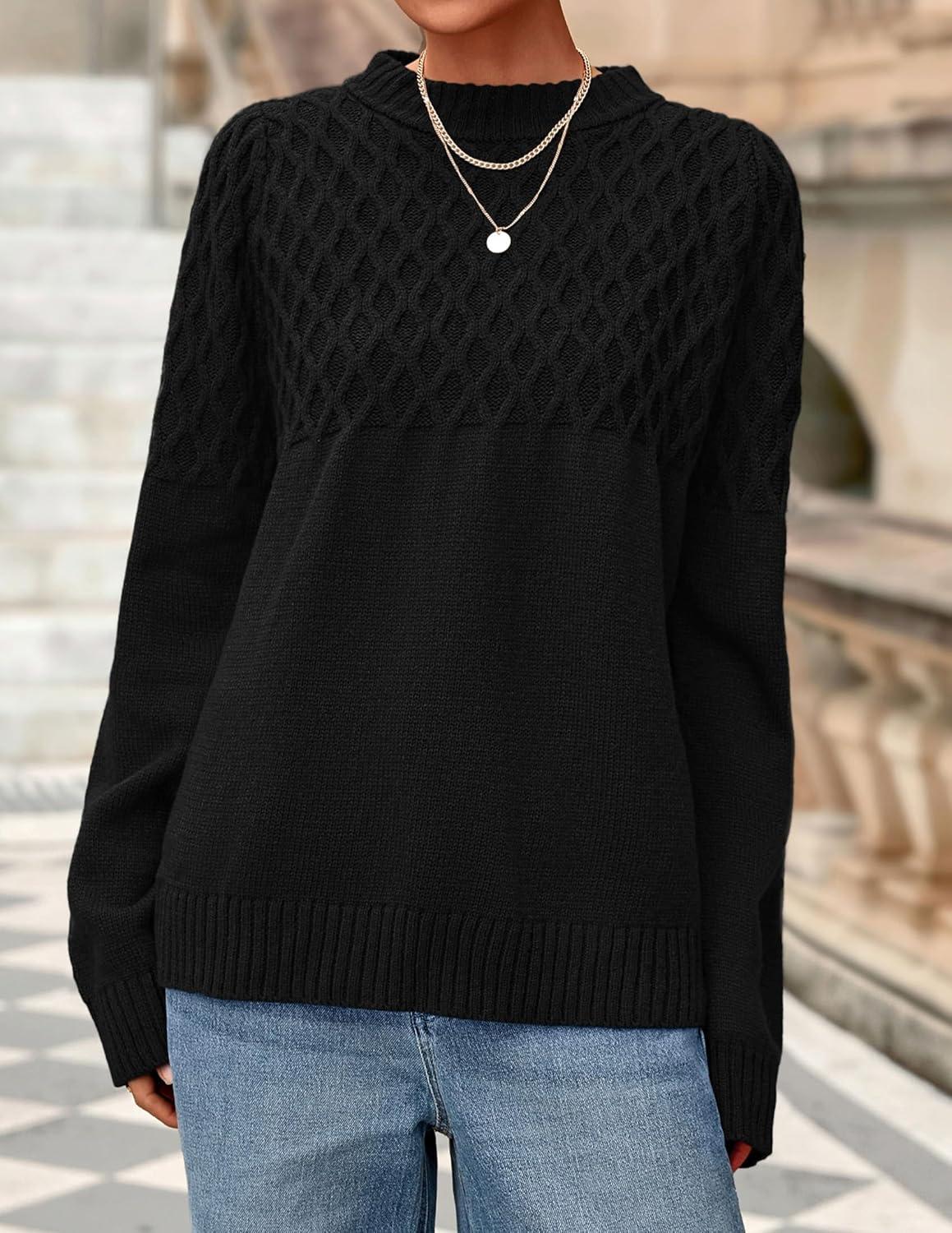 imagePRETTYGARDEN Oversized Sweaters for Women 2025 Fall Cute Cable Knit Long Sleeve Crewneck Chunky Pullover Tops Winter ClothingBlack