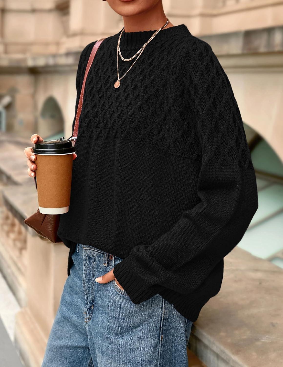 imagePRETTYGARDEN Oversized Sweaters for Women 2025 Fall Cute Cable Knit Long Sleeve Crewneck Chunky Pullover Tops Winter ClothingBlack