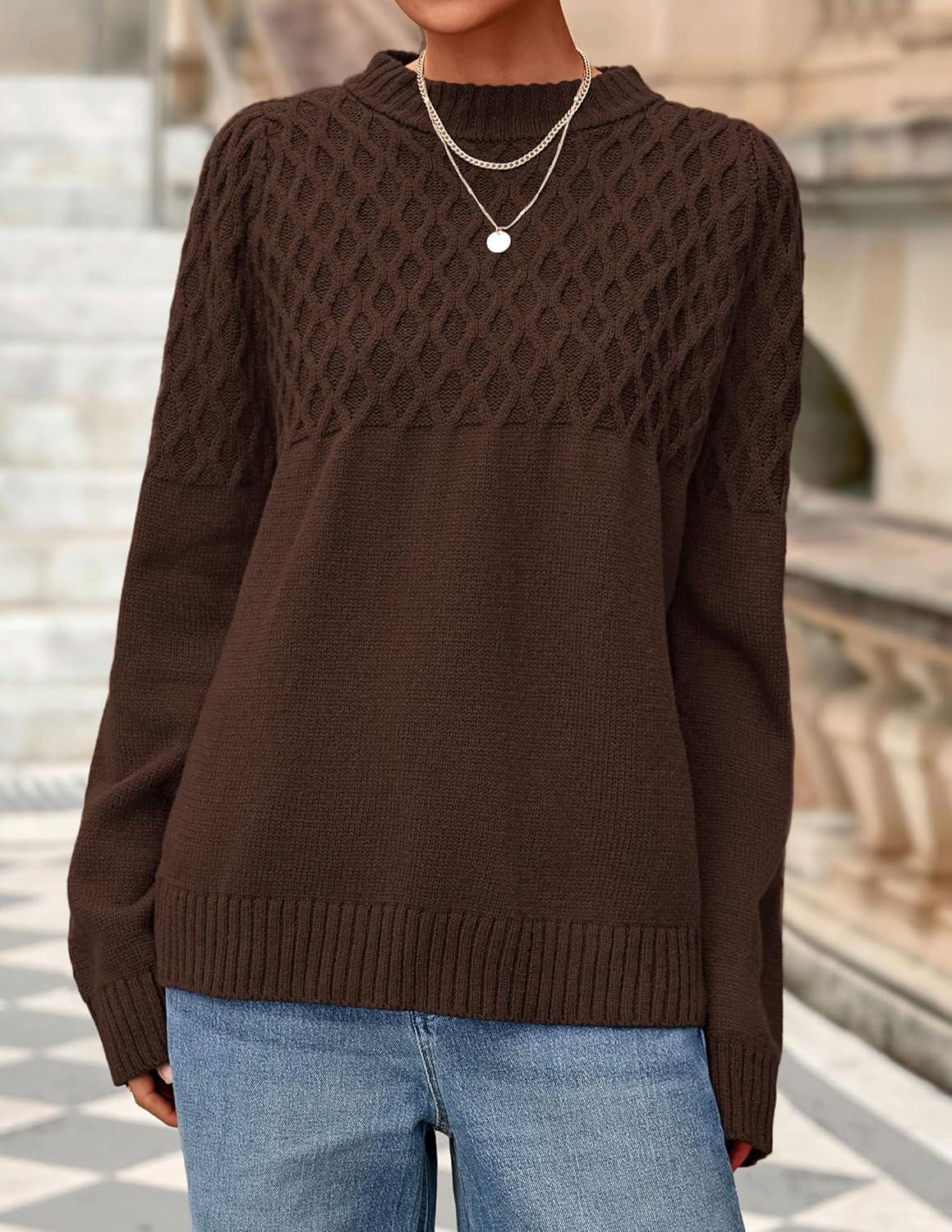 imagePRETTYGARDEN Oversized Sweaters for Women 2025 Fall Cute Cable Knit Long Sleeve Crewneck Chunky Pullover Tops Winter ClothingBrown