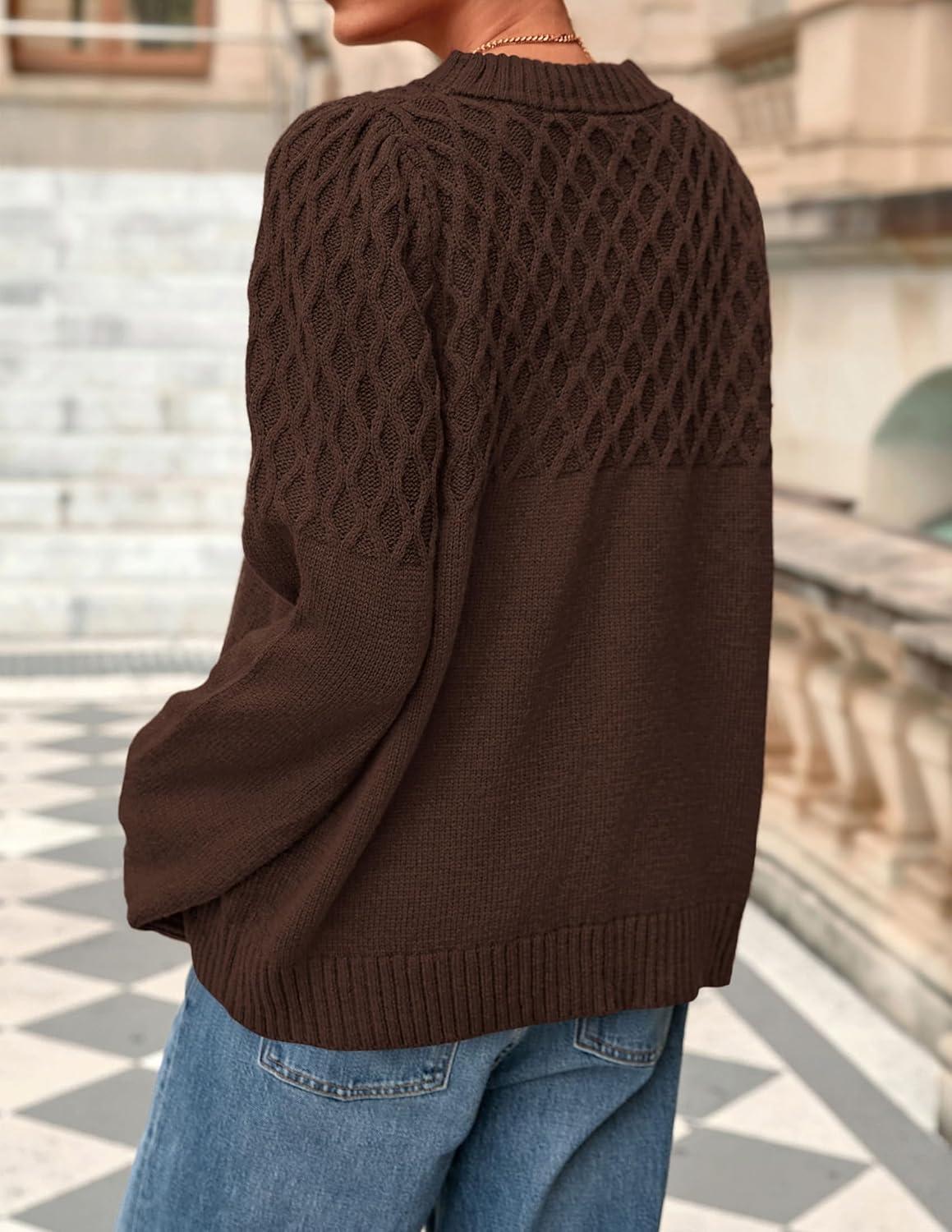 imagePRETTYGARDEN Oversized Sweaters for Women 2025 Fall Cute Cable Knit Long Sleeve Crewneck Chunky Pullover Tops Winter ClothingBrown