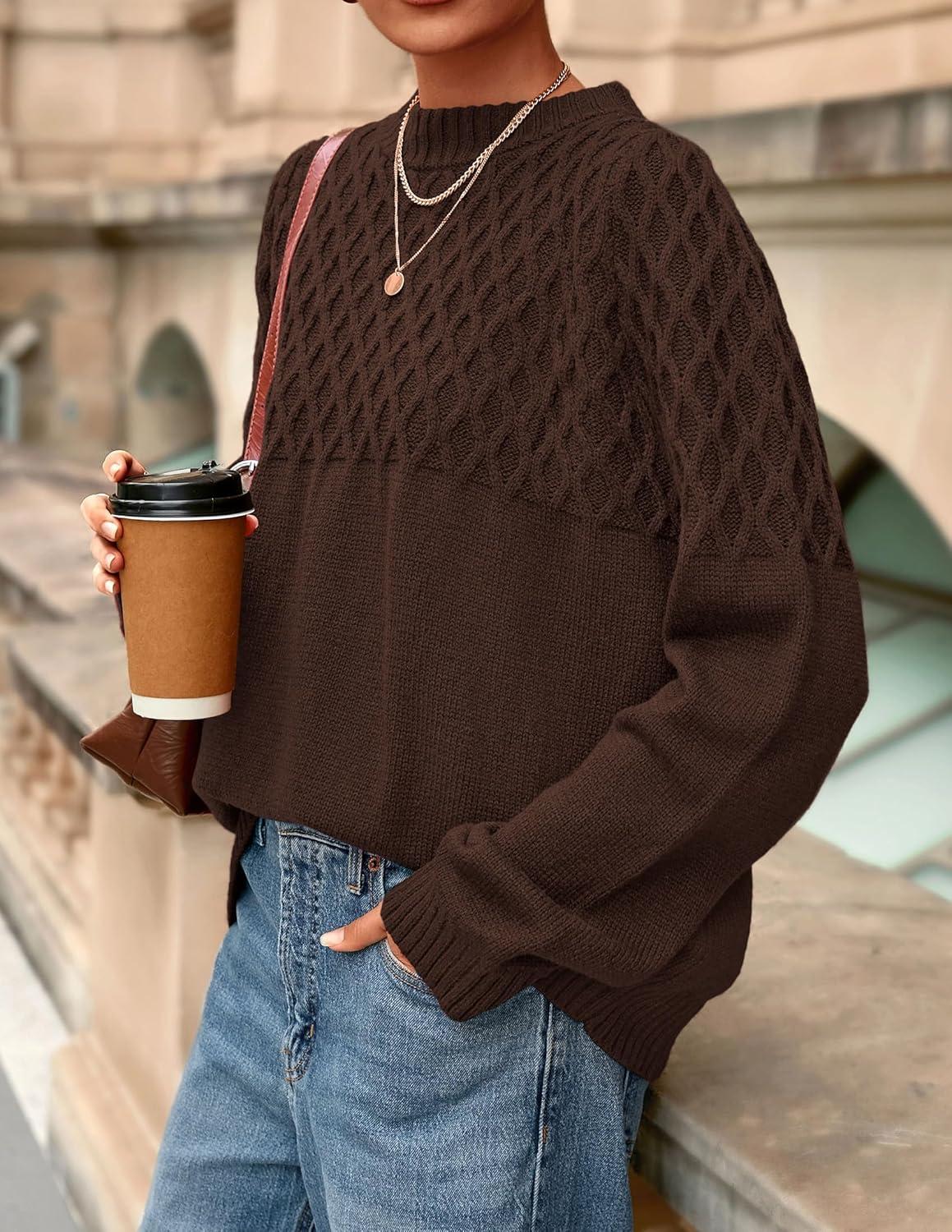 imagePRETTYGARDEN Oversized Sweaters for Women 2025 Fall Cute Cable Knit Long Sleeve Crewneck Chunky Pullover Tops Winter ClothingBrown