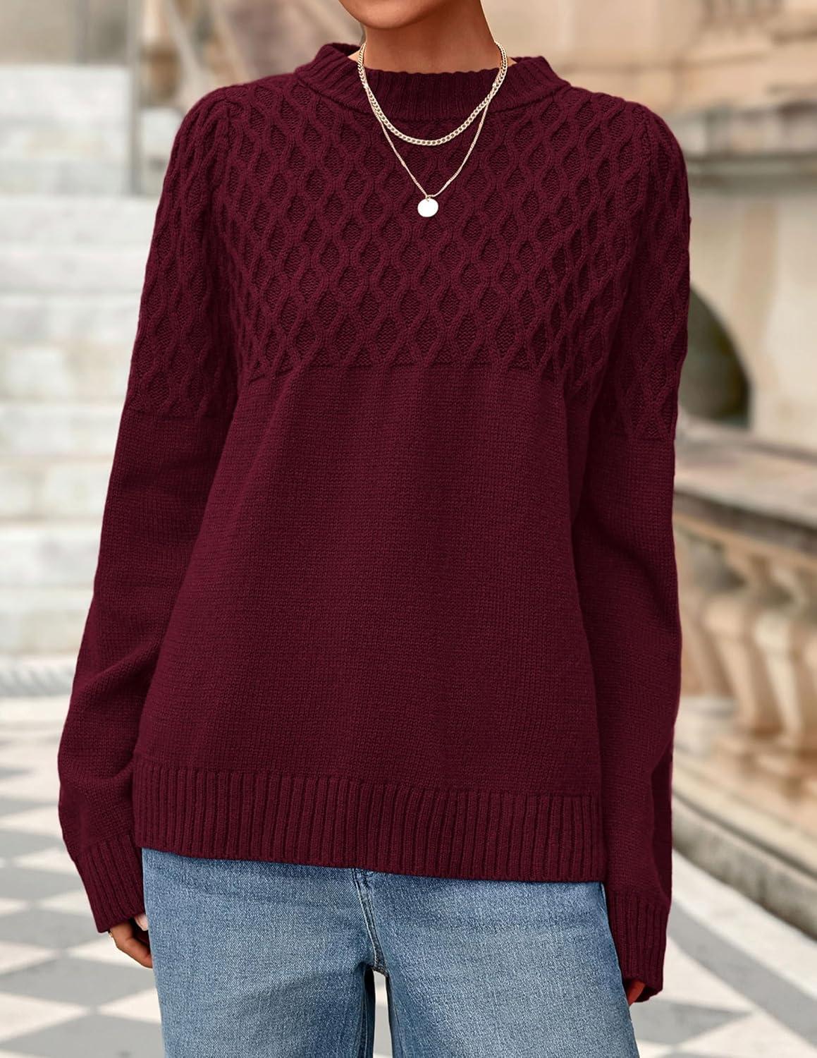 imagePRETTYGARDEN Oversized Sweaters for Women 2025 Fall Cute Cable Knit Long Sleeve Crewneck Chunky Pullover Tops Winter ClothingBurgundy