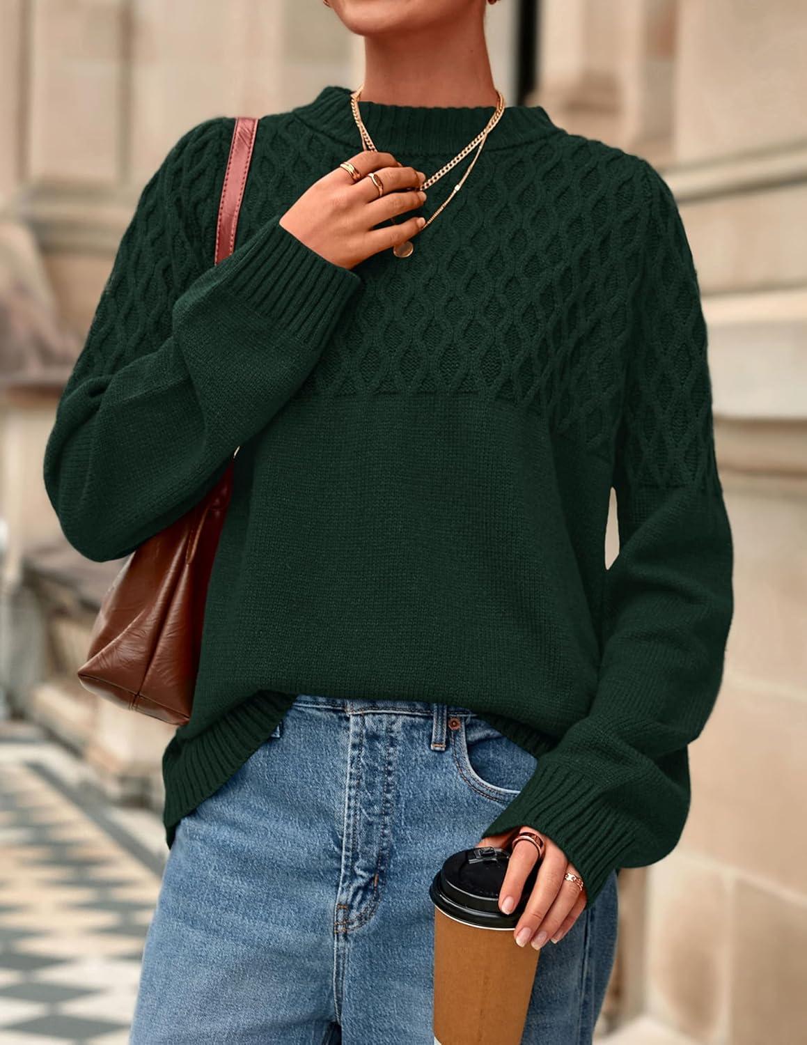 imagePRETTYGARDEN Oversized Sweaters for Women 2025 Fall Cute Cable Knit Long Sleeve Crewneck Chunky Pullover Tops Winter ClothingDark Green