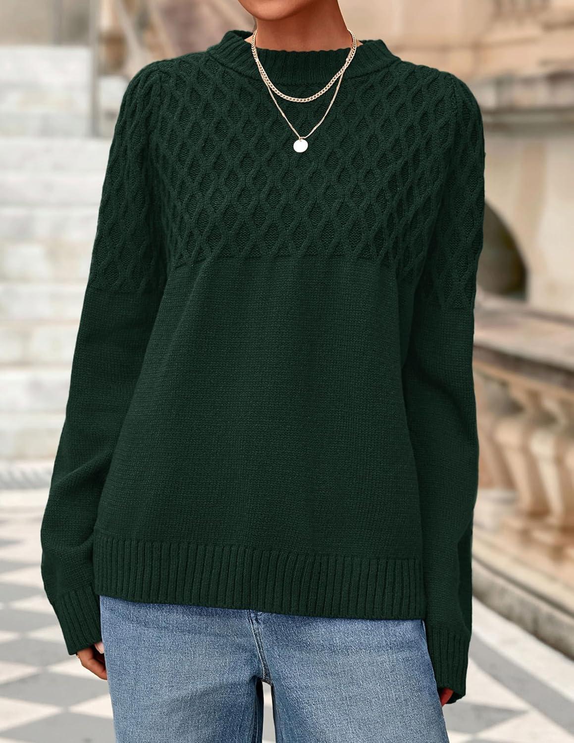 imagePRETTYGARDEN Oversized Sweaters for Women 2025 Fall Cute Cable Knit Long Sleeve Crewneck Chunky Pullover Tops Winter ClothingDark Green